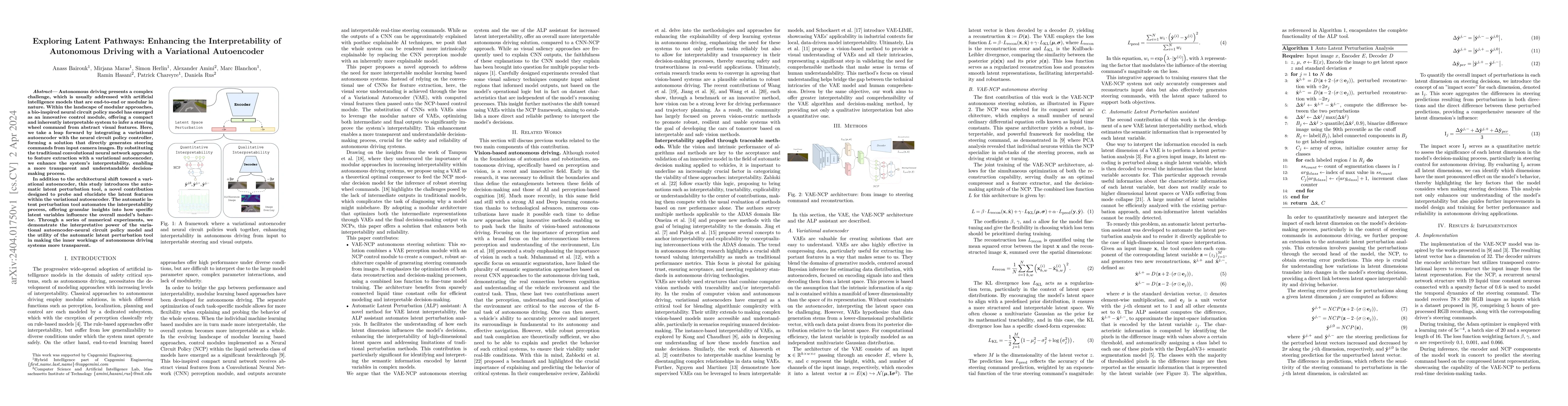 Thumbnail for Exploring Latent Pathways: Enhancing the Interpretability of Autonomous
  Driving with a Variational Autoencoder
