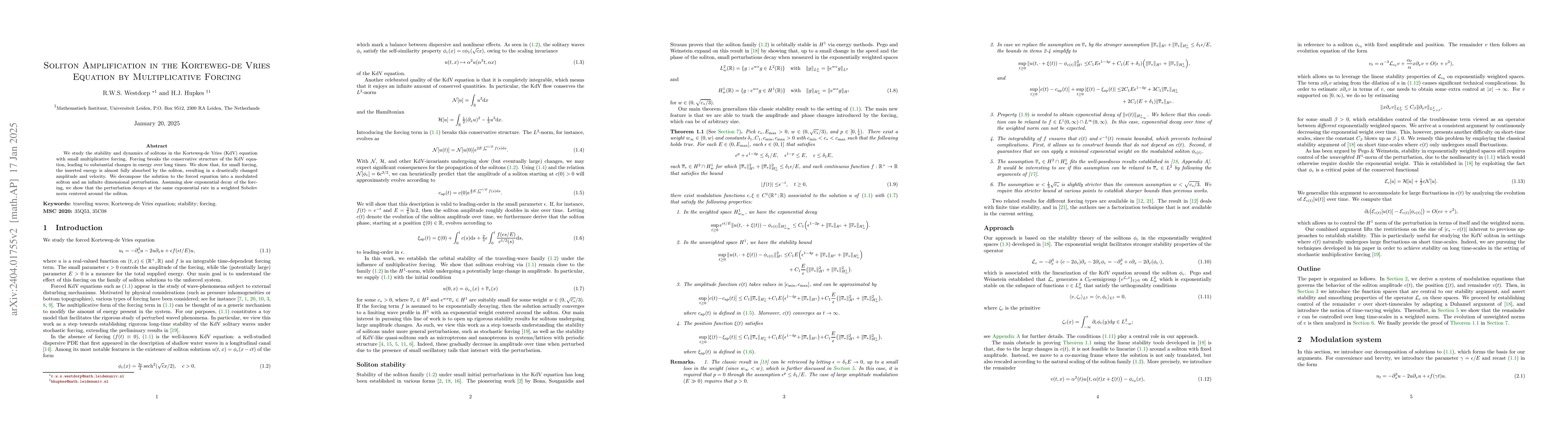 Thumbnail for Soliton Amplification in the Korteweg-de Vries Equation by
  Multiplicative Forcing