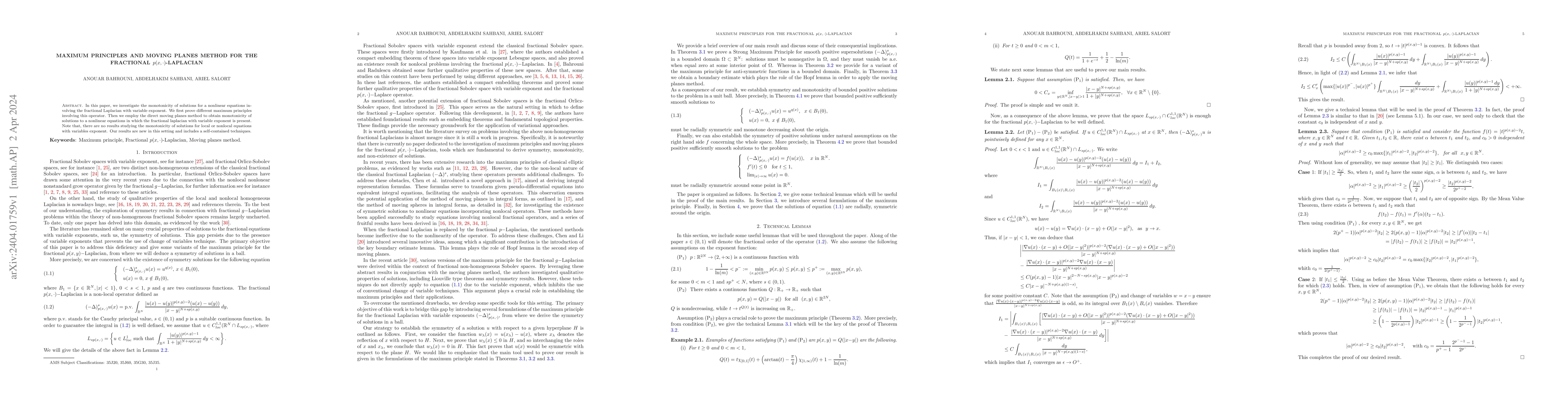 Thumbnail for Maximum principles and moving planes method for the fractional
  $p(x,\cdot)$-Laplacian