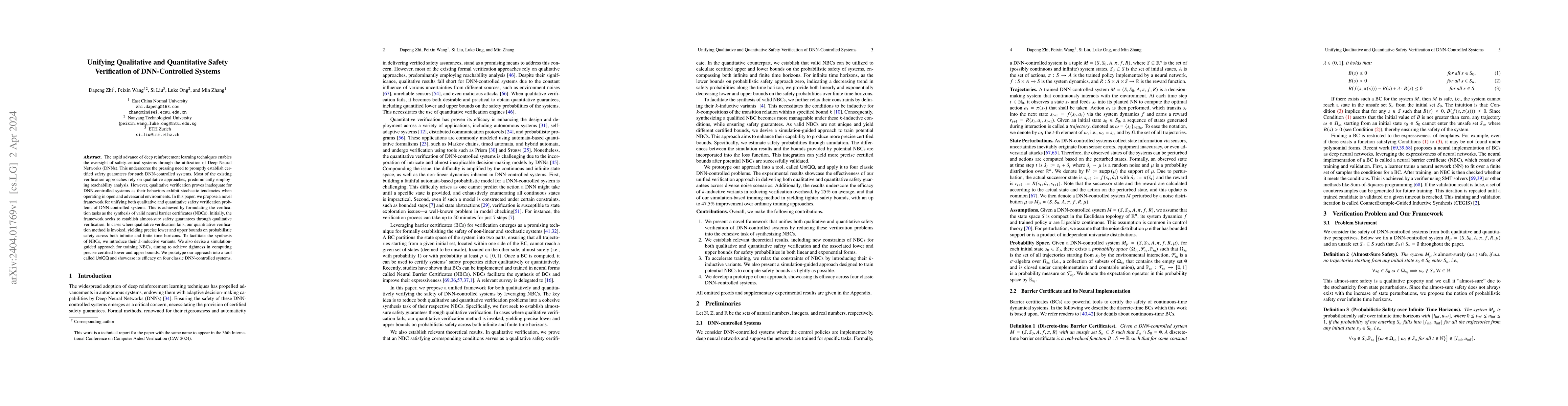 Thumbnail for Unifying Qualitative and Quantitative Safety Verification of
  DNN-Controlled Systems