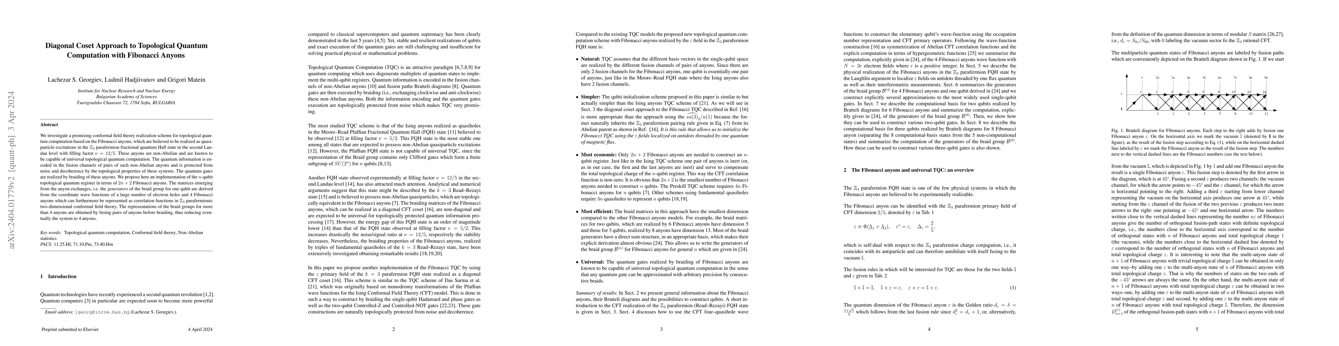 Thumbnail for Diagonal Coset Approach to Topological Quantum Computation with
  Fibonacci Anyons