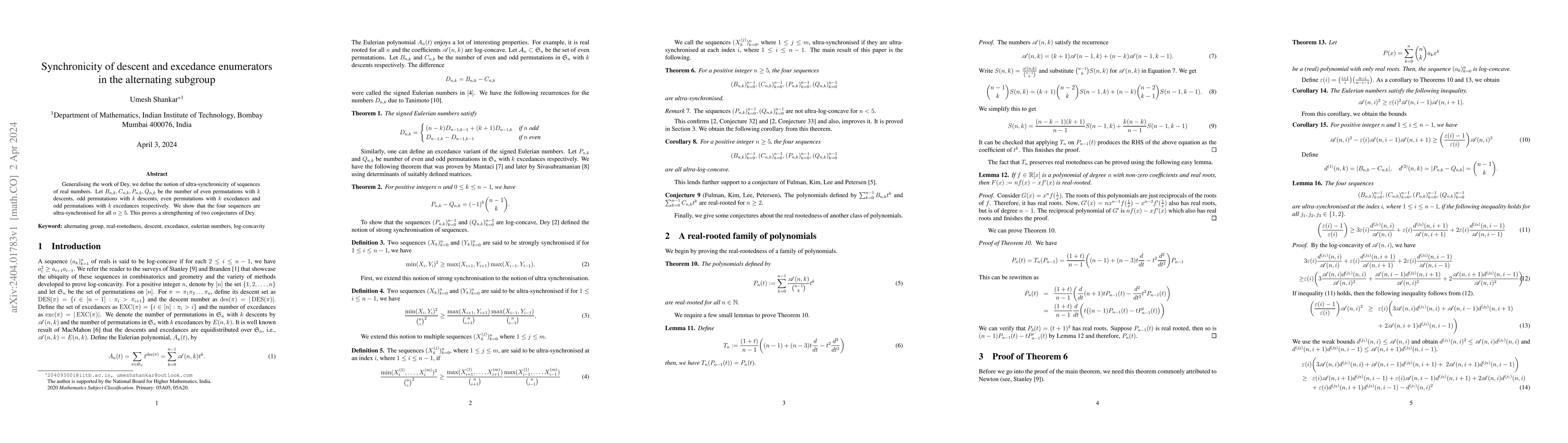 Thumbnail for Synchronicity of descent and excedance enumerators in the alternating
  subgroup