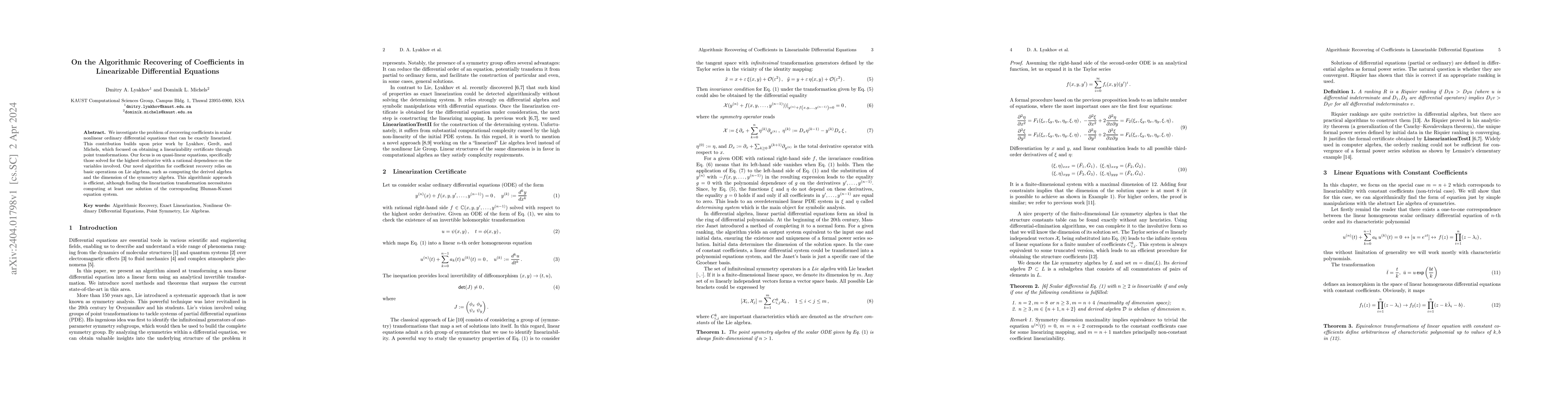 Thumbnail for On the Algorithmic Recovering of Coefficients in Linearizable
  Differential Equations
