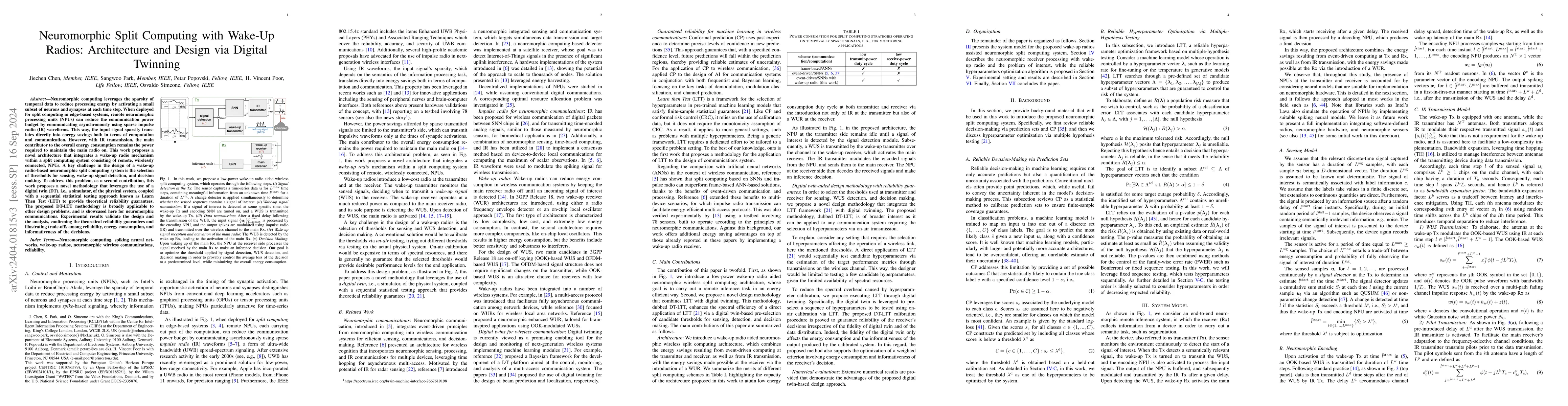 Thumbnail for Neuromorphic Split Computing with Wake-Up Radios: Architecture and
  Design via Digital Twinning