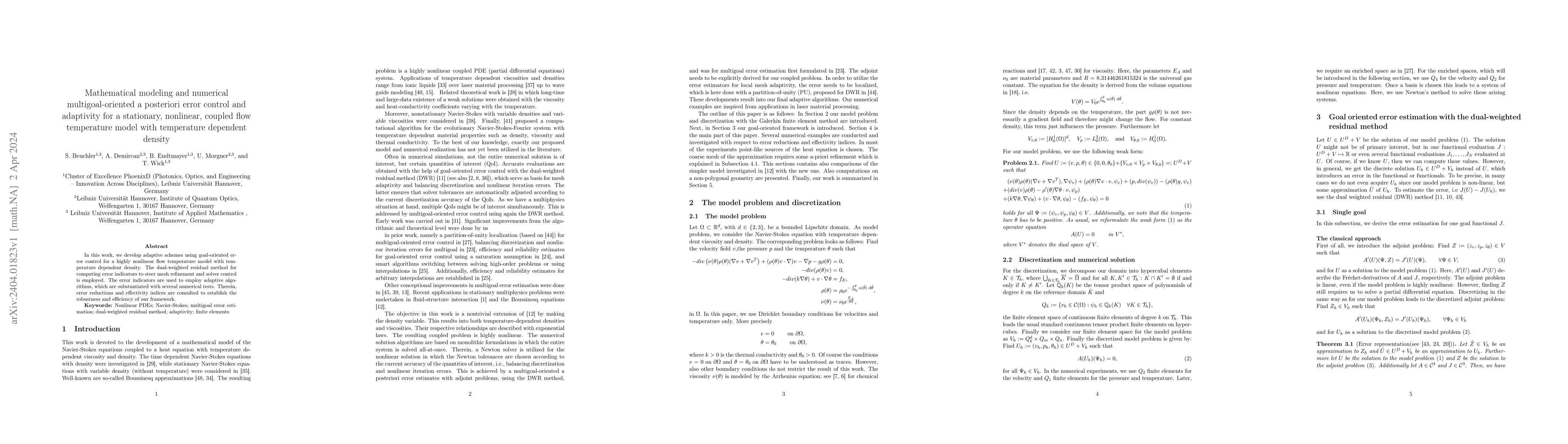 Thumbnail for Mathematical modeling and numerical multigoal-oriented a posteriori
  error control and adaptivity for a stationary, nonlinear, coupled flow
  temperature model with temperature dependent density