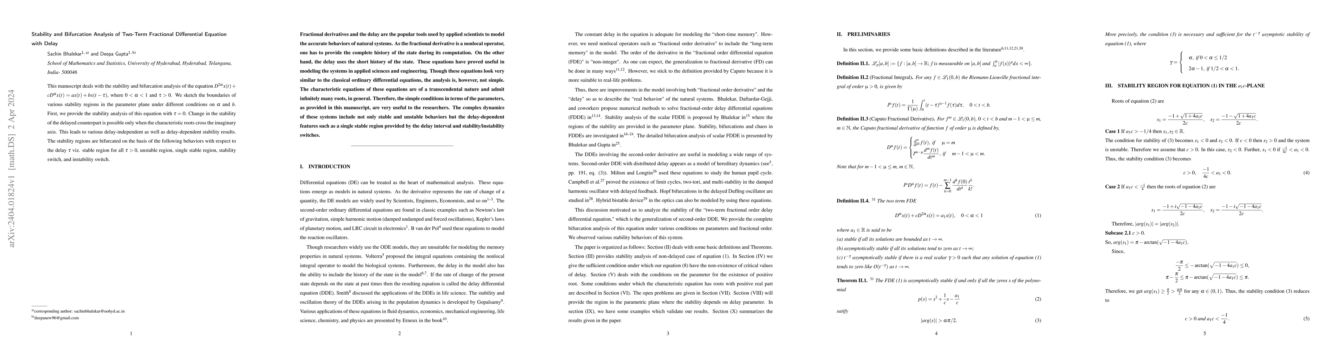 Thumbnail for Stability and Bifurcation Analysis of Two-Term Fractional Differential
  Equation with Delay