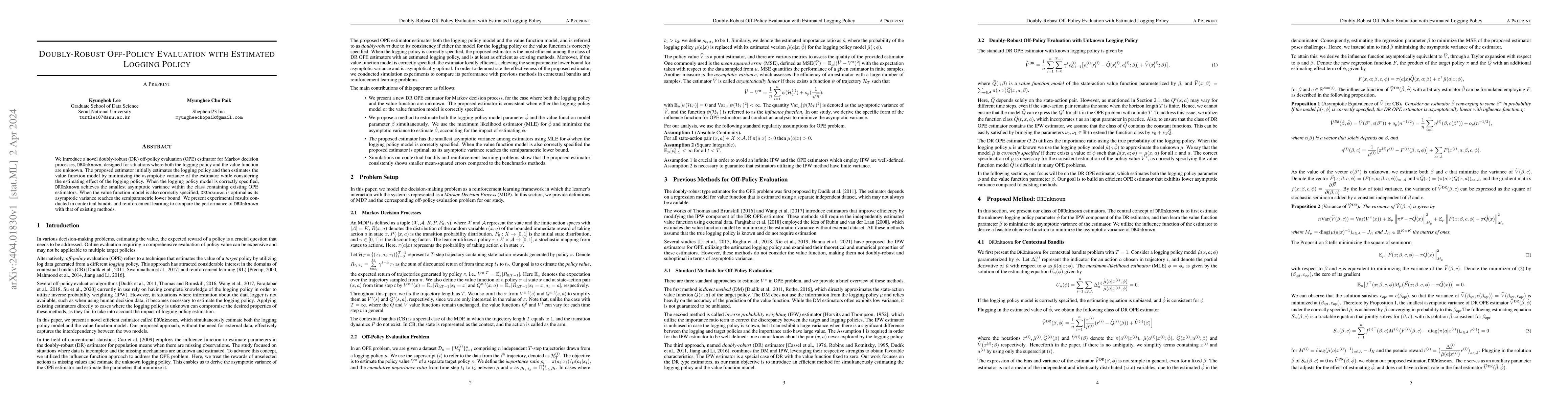 Thumbnail for Doubly-Robust Off-Policy Evaluation with Estimated Logging Policy