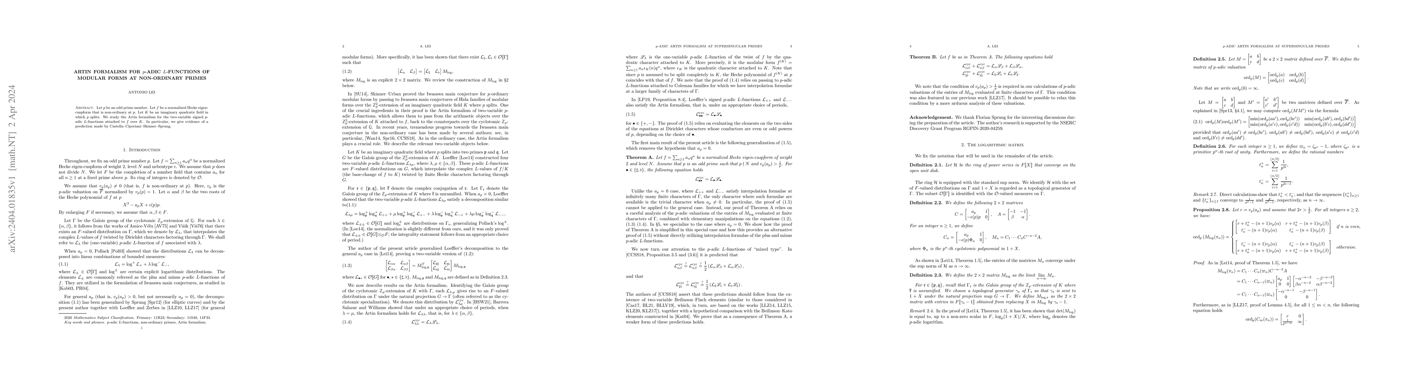 Thumbnail for Artin formalism for $p$-adic $L$-functions of modular forms at
  non-ordinary primes