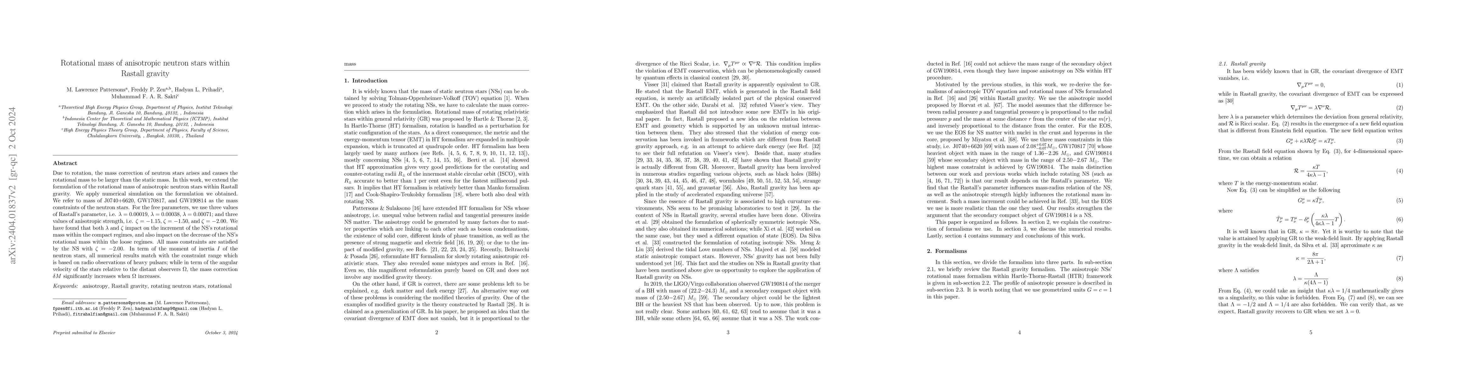 Thumbnail for Anisotropic Hartle-Thorne formalism in Rastall gravity