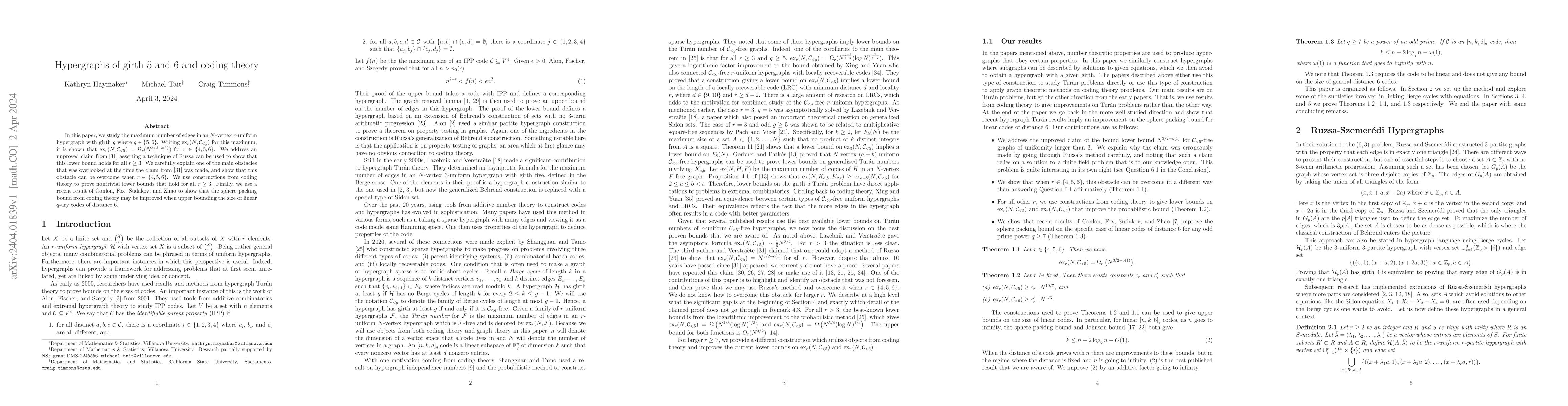 Thumbnail for Hypergraphs of girth 5 and 6 and coding theory
