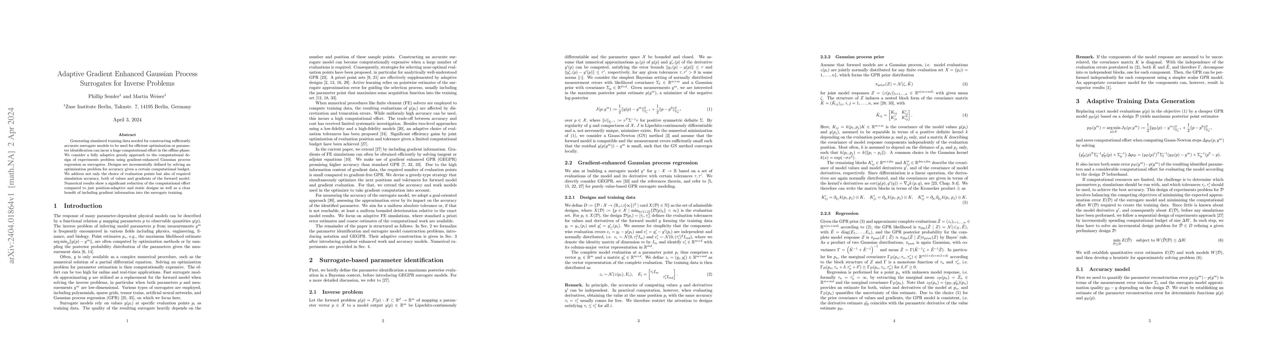 Thumbnail for Adaptive Gradient Enhanced Gaussian Process Surrogates for Inverse
  Problems
