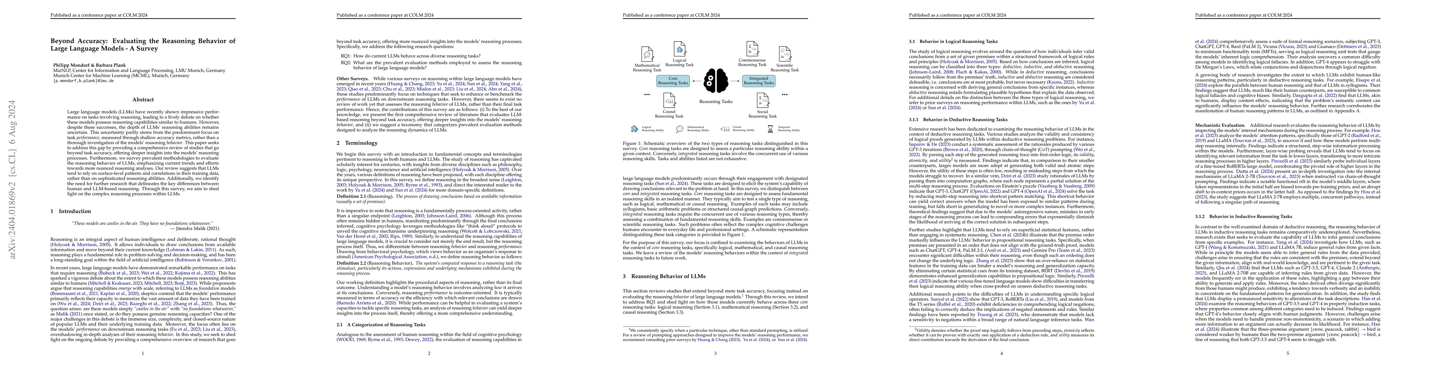 Thumbnail for Beyond Accuracy: Evaluating the Reasoning Behavior of Large Language
  Models -- A Survey