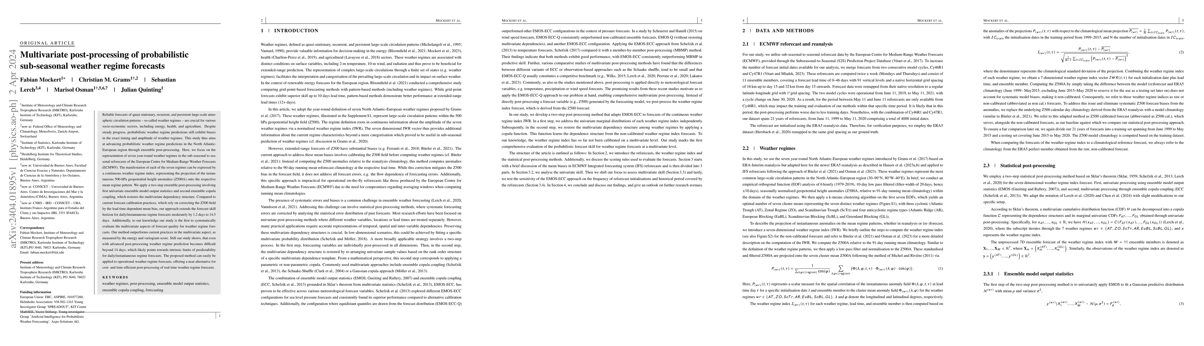 Thumbnail for Multivariate post-processing of probabilistic sub-seasonal weather
  regime forecasts