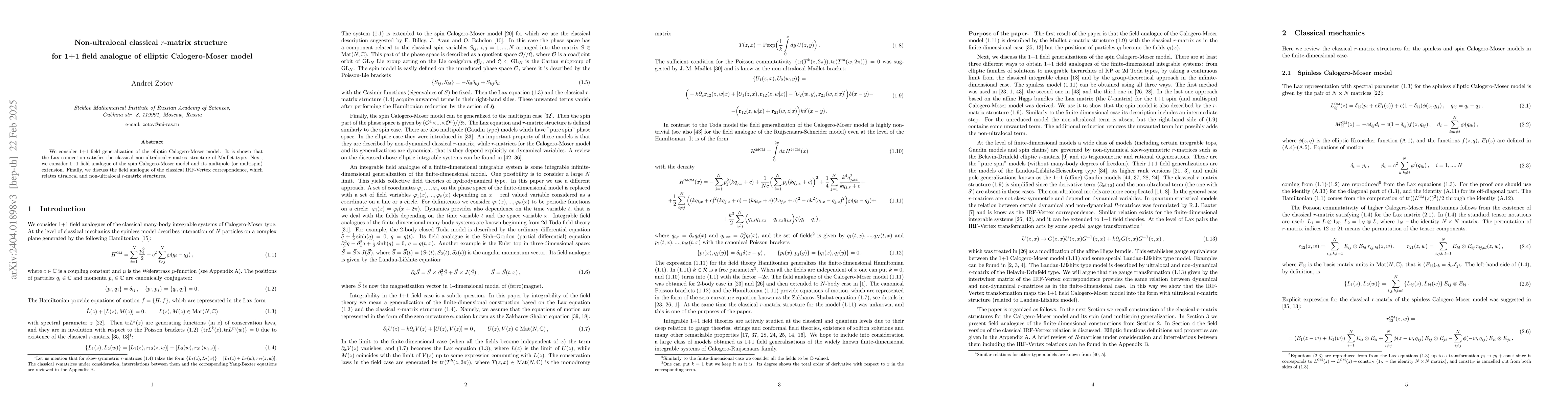 Thumbnail for Non-ultralocal classical r-matrix structure for 1+1 field analogue of
  elliptic Calogero-Moser model