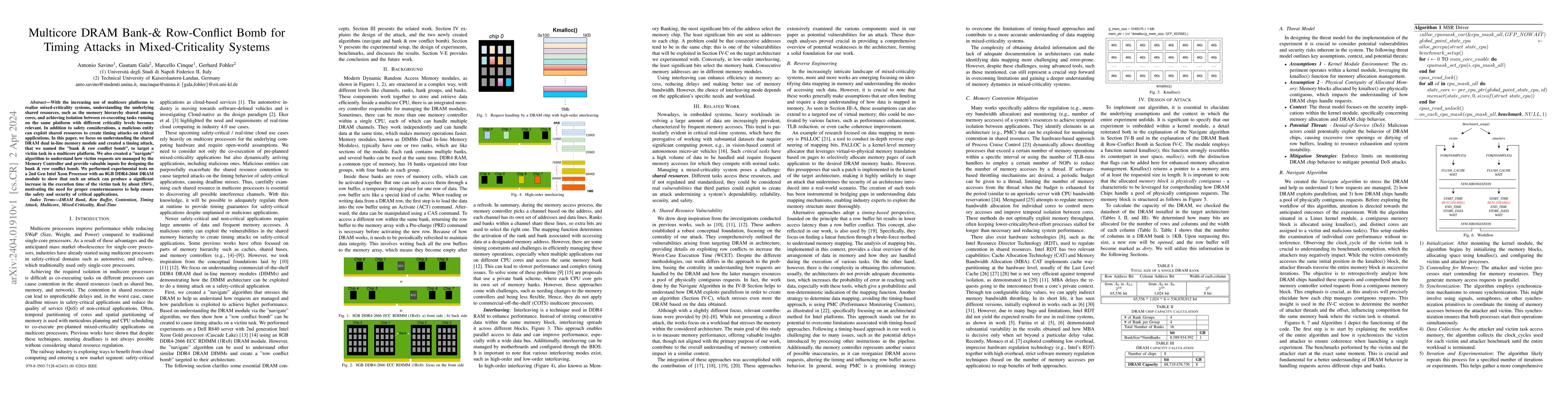 Thumbnail for Multicore DRAM Bank-& Row-Conflict Bomb for Timing Attacks in
  Mixed-Criticality Systems