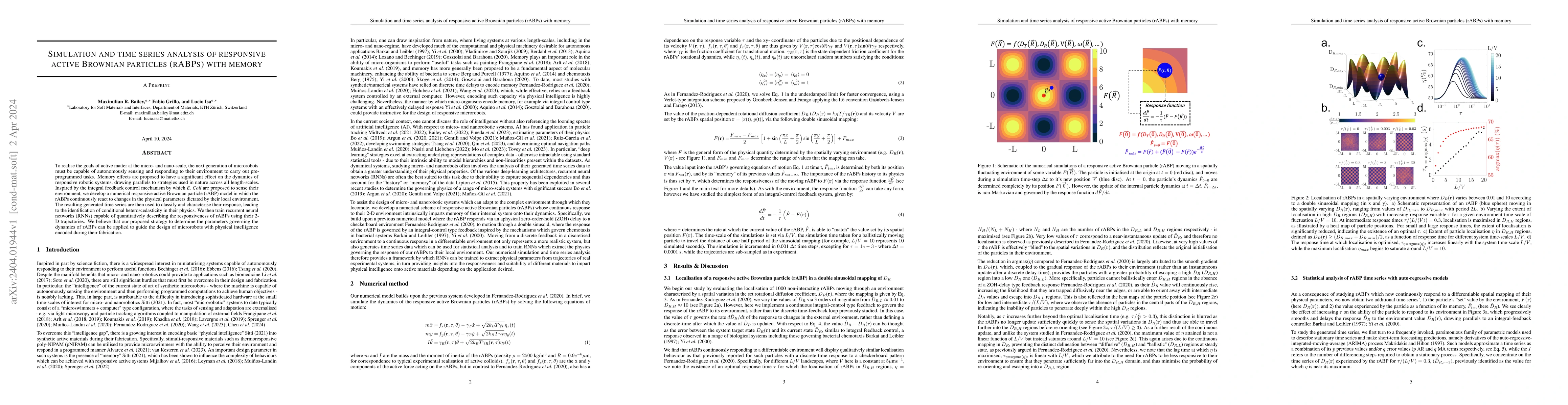 Thumbnail for Simulation and time series analysis of responsive active Brownian
  particles (rABPs) with memory