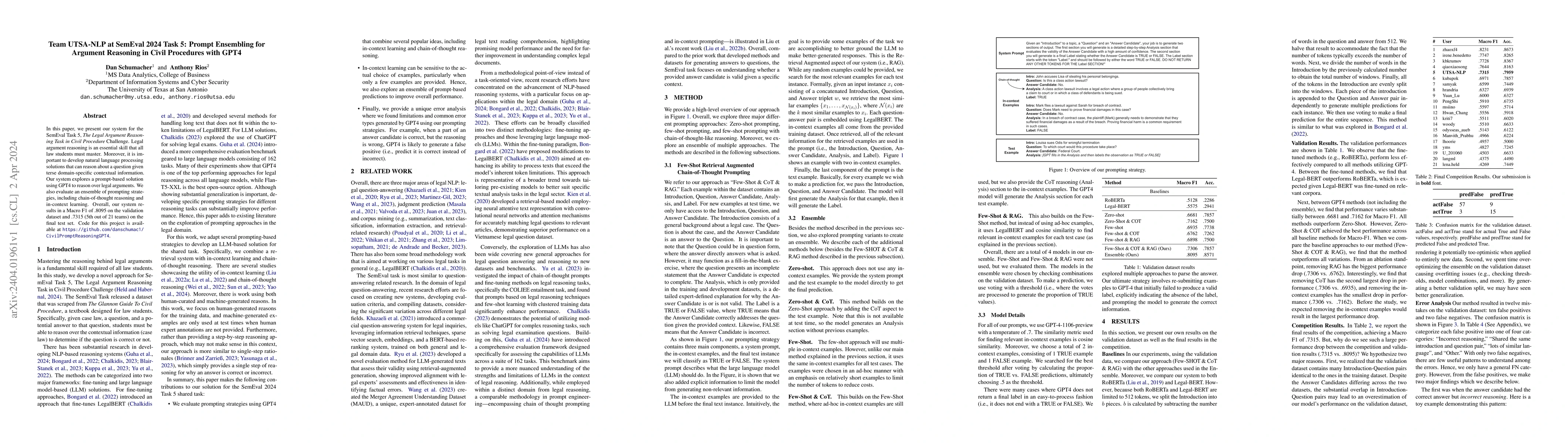 Thumbnail for Team UTSA-NLP at SemEval 2024 Task 5: Prompt Ensembling for Argument
  Reasoning in Civil Procedures with GPT4
