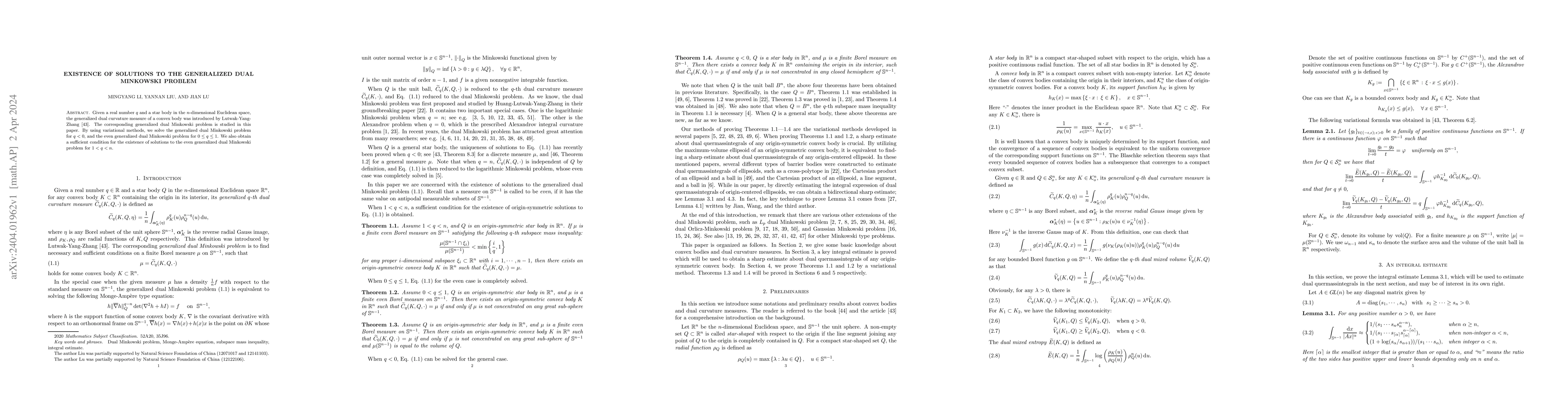 Thumbnail for Existence of solutions to the generalized dual Minkowski problem