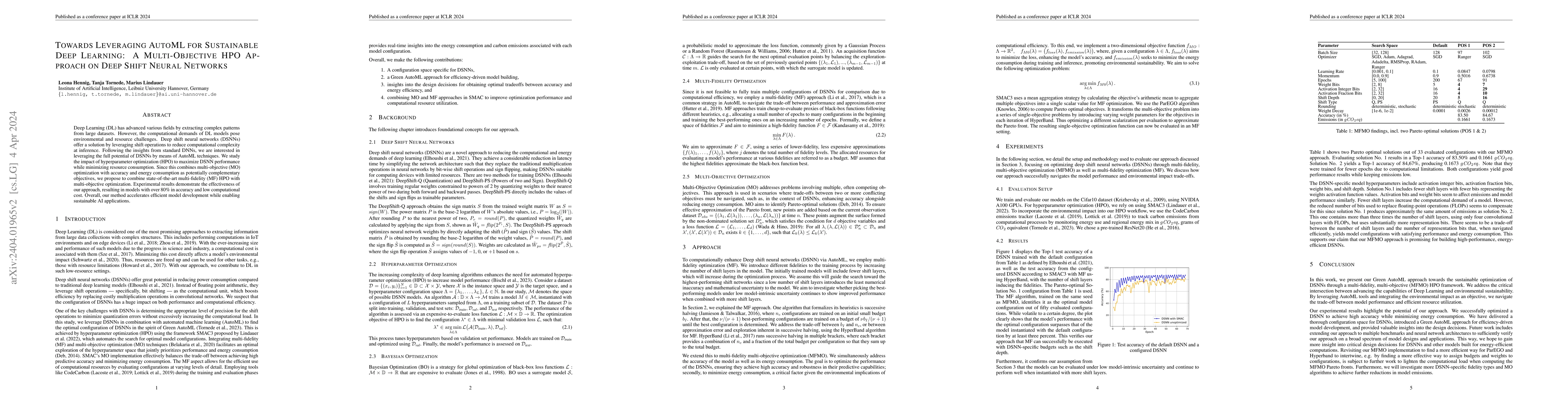 Thumbnail for Towards Leveraging AutoML for Sustainable Deep Learning: A
  Multi-Objective HPO Approach on Deep Shift Neural Networks