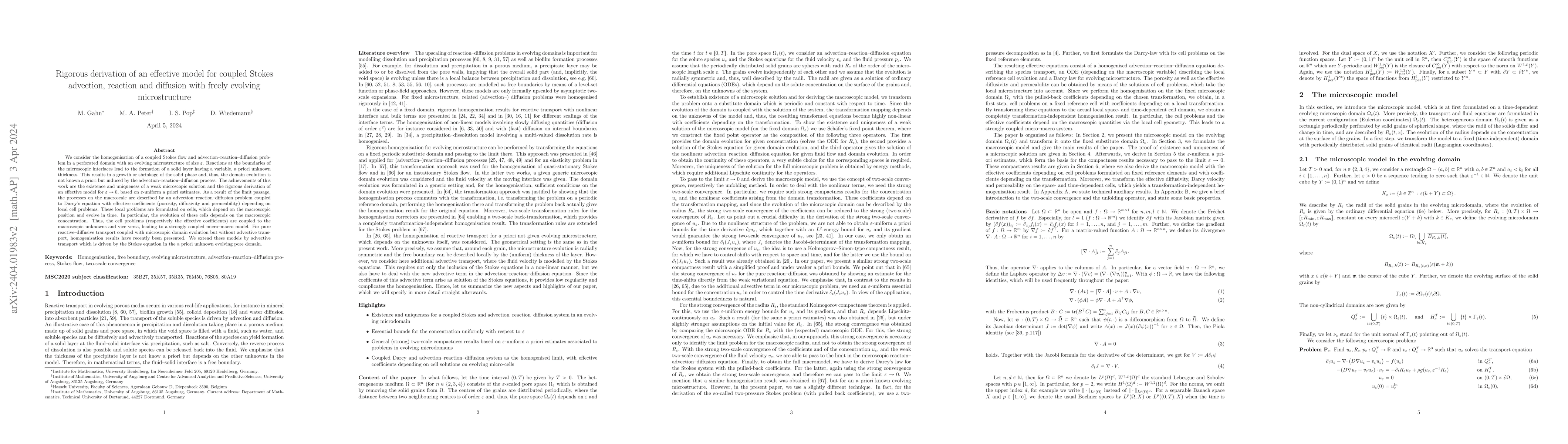 Thumbnail for Rigorous derivation of an effective model for coupled Stokes advection,
  reaction and diffusion with freely evolving microstructure