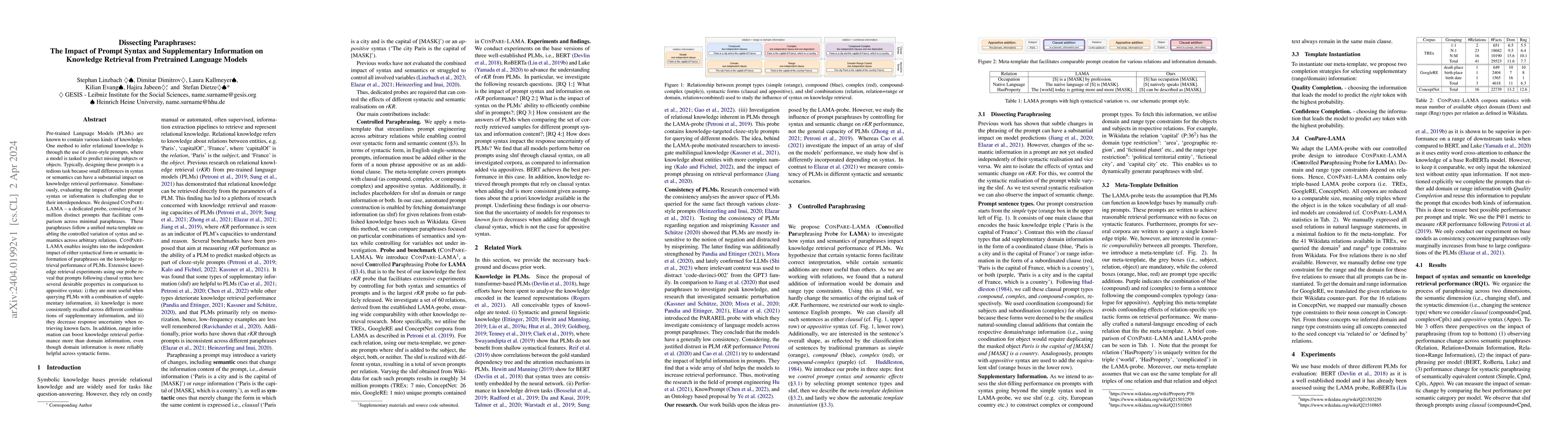 Thumbnail for Dissecting Paraphrases: The Impact of Prompt Syntax and supplementary
  Information on Knowledge Retrieval from Pretrained Language Models
