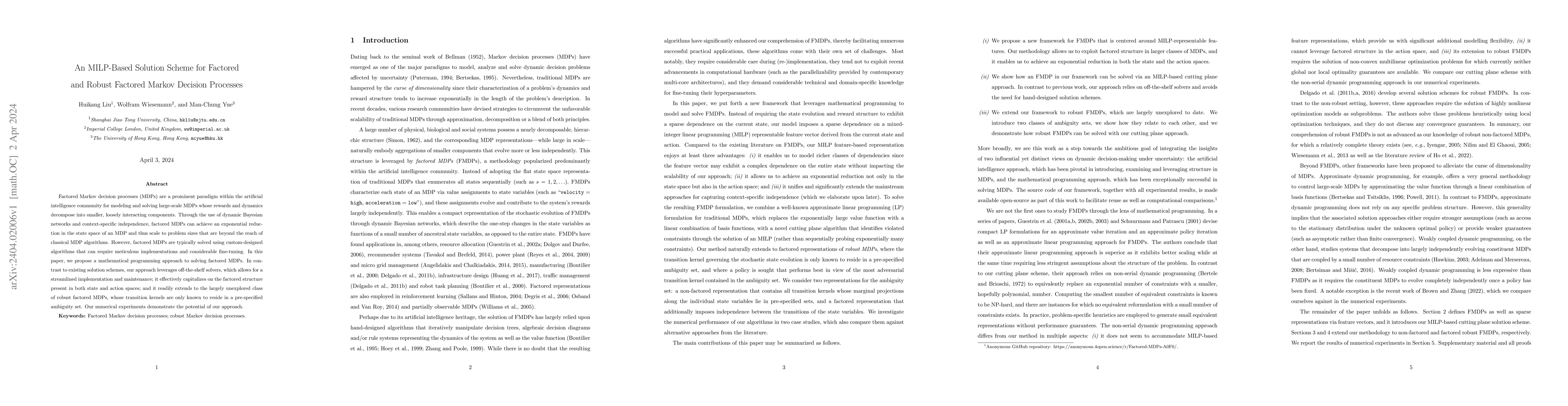 Thumbnail for An MILP-Based Solution Scheme for Factored and Robust Factored Markov
  Decision Processes