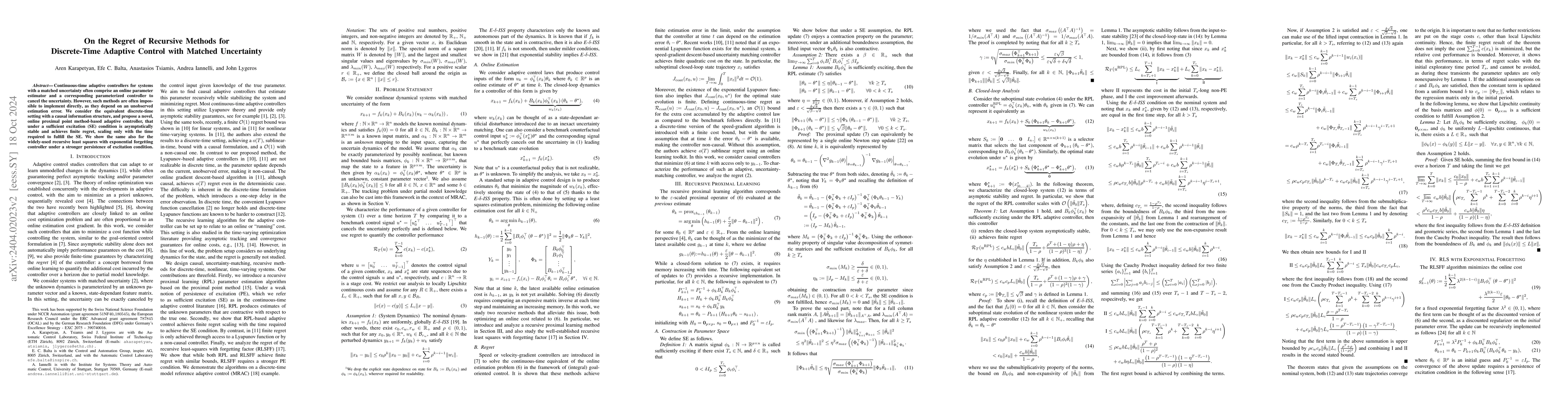 Thumbnail for On the Regret of Recursive Methods for Discrete-Time Adaptive Control
  with Matched Uncertainty