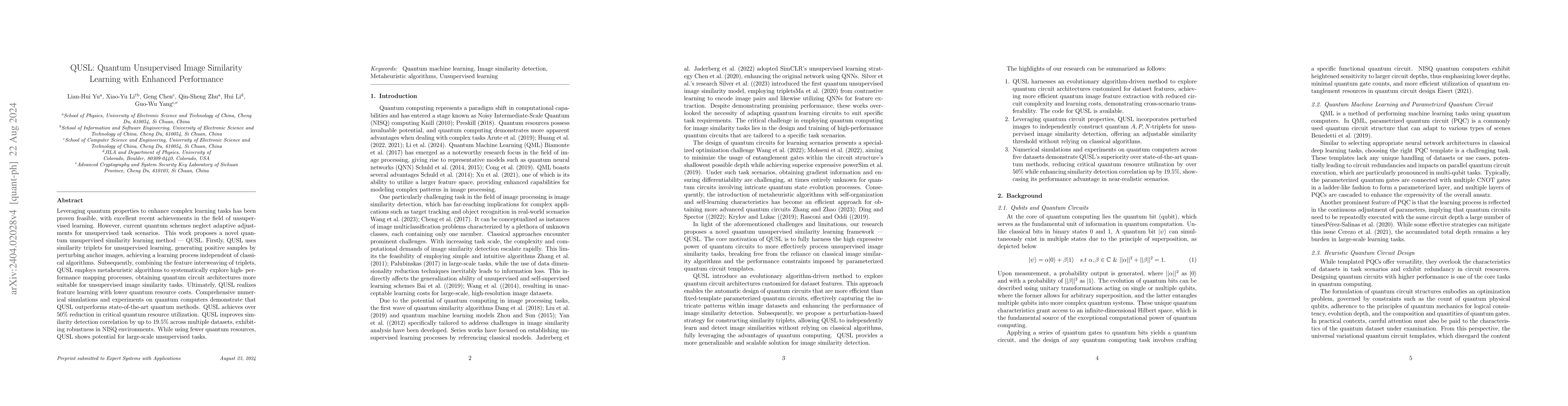 Thumbnail for QUSL: Quantum Unsupervised Image Similarity Learning with Enhanced
  Performance
