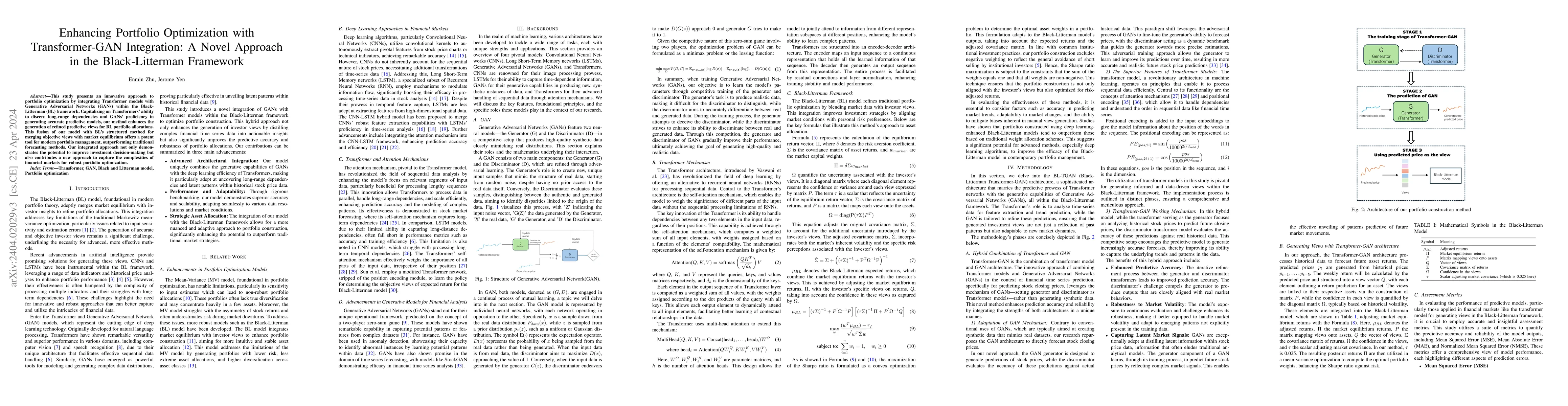 Thumbnail for Enhancing Portfolio Optimization with Transformer-GAN Integration: A
  Novel Approach in the Black-Litterman Framework