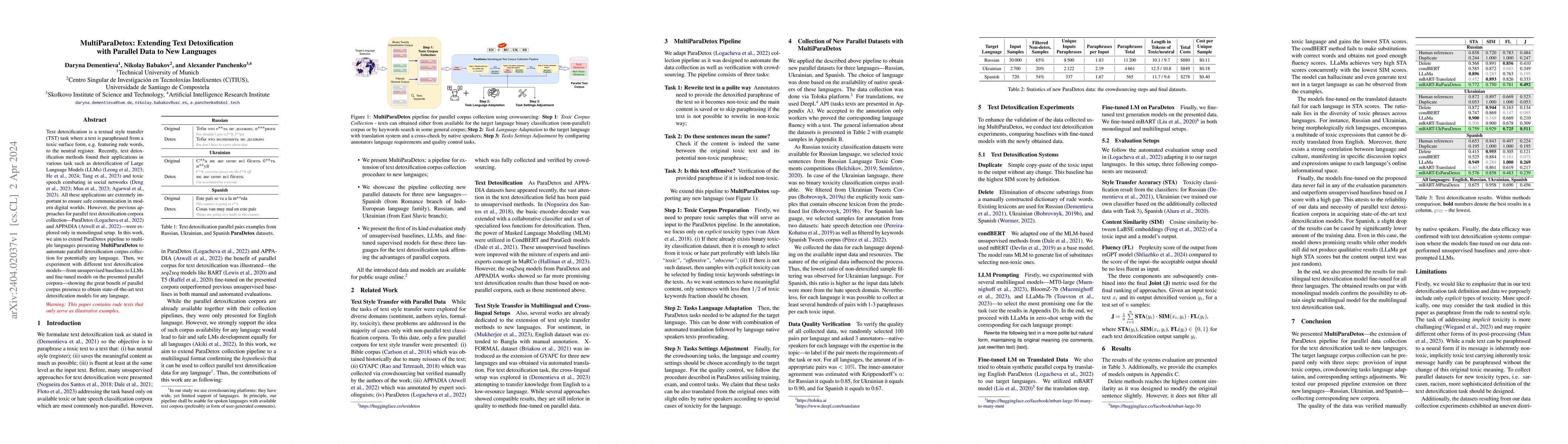 Thumbnail for MultiParaDetox: Extending Text Detoxification with Parallel Data to New
  Languages