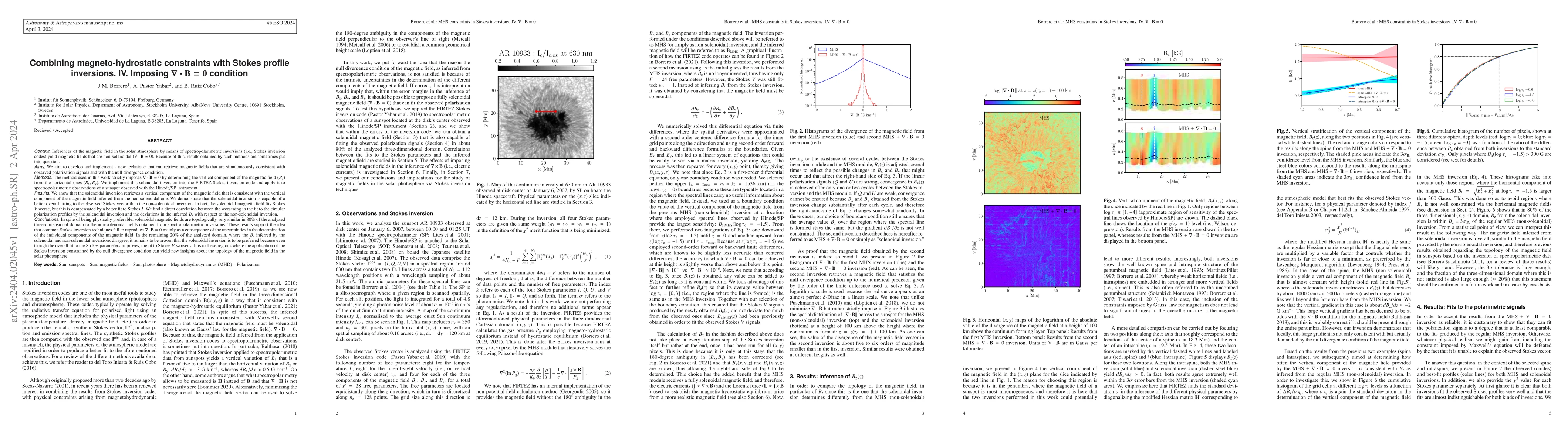 Thumbnail for Combining magneto-hydrostatic constraints with Stokes profile
  inversions. IV. Imposing $\nabla\cdot{\bf B}=0$ condition