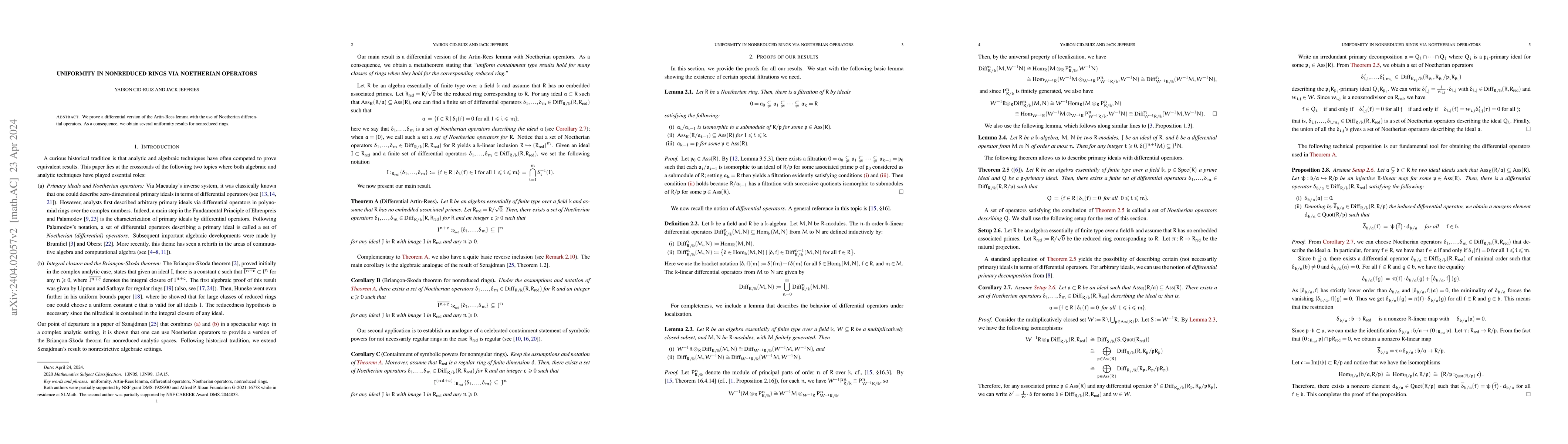 Thumbnail for Uniformity in nonreduced rings via Noetherian operators