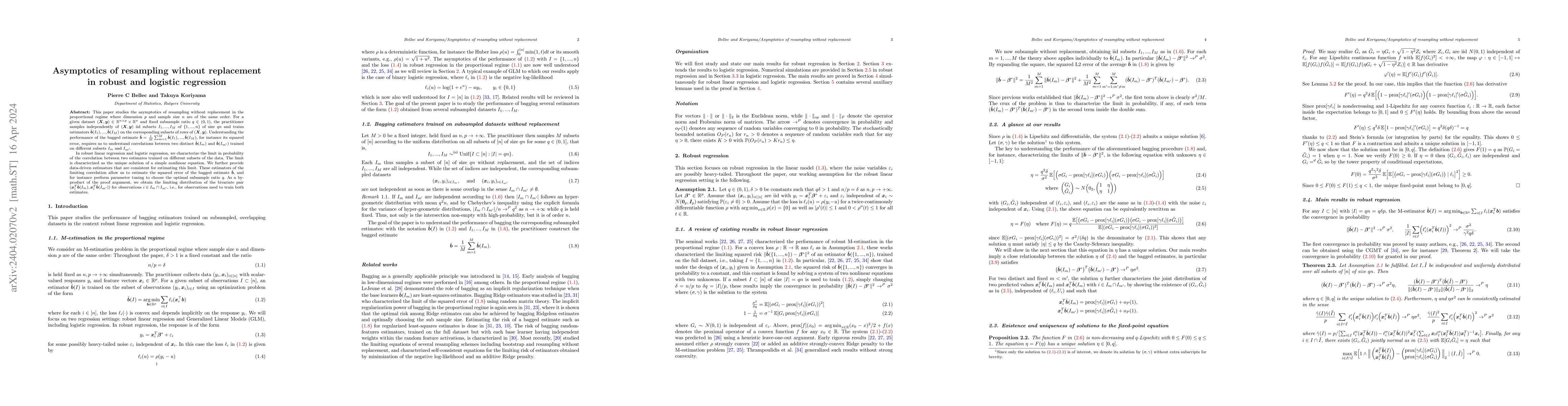 Thumbnail for Asymptotics of resampling without replacement in robust and logistic
  regression