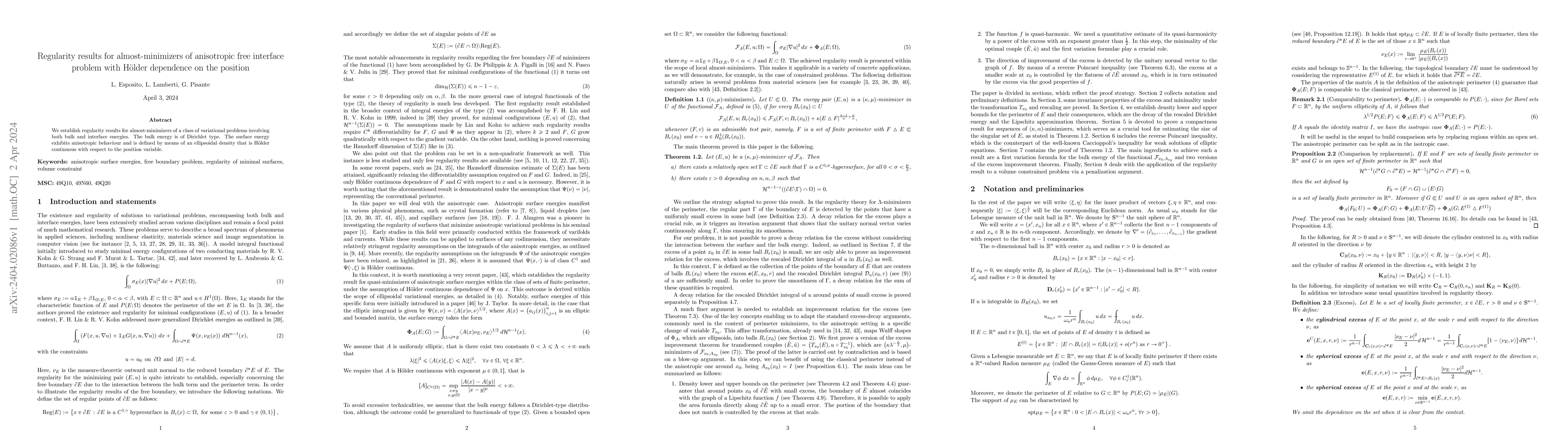 Thumbnail for Regularity results for almost-minimizers of anisotropic free interface
  problem with H\"older dependence on the position