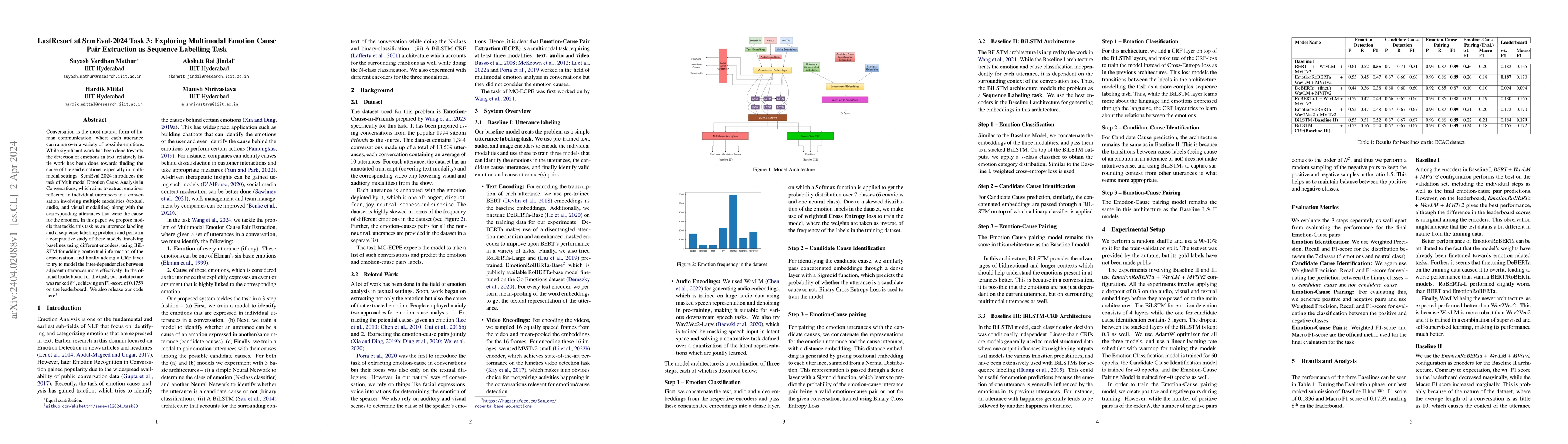 Thumbnail for LastResort at SemEval-2024 Task 3: Exploring Multimodal Emotion Cause
  Pair Extraction as Sequence Labelling Task