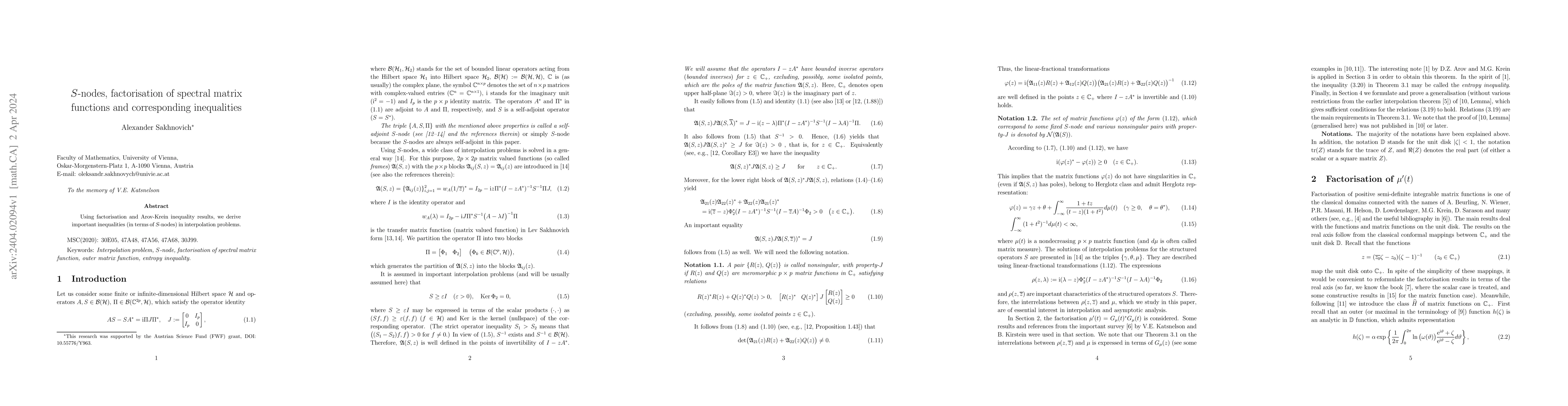 Thumbnail for $S$-nodes, factorisation of spectral matrix functions and corresponding
  inequalities