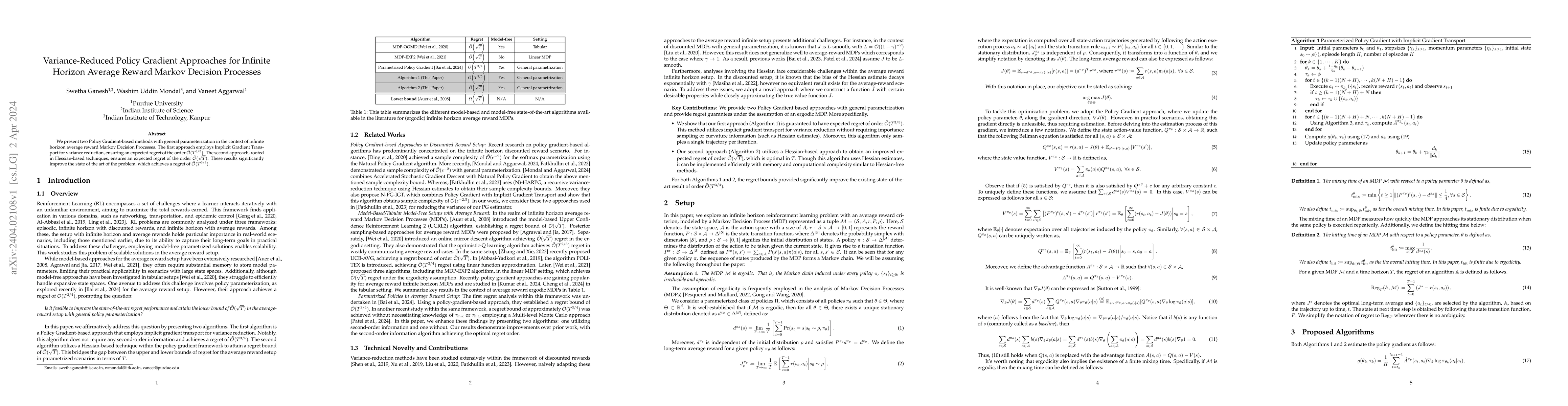 Thumbnail for Variance-Reduced Policy Gradient Approaches for Infinite Horizon Average
  Reward Markov Decision Processes