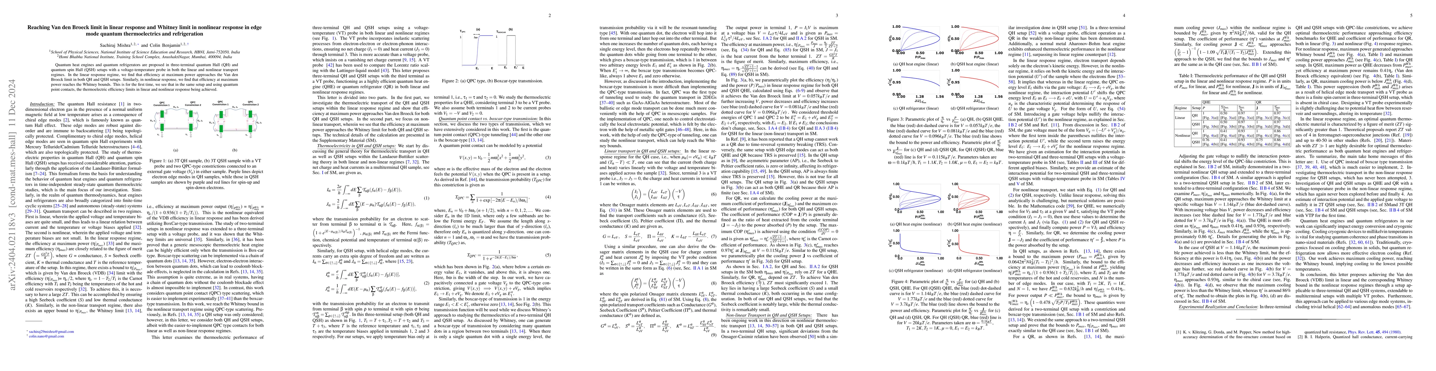 Thumbnail for Reaching Curzon-Ahlborn limit in linear response and Whitney limit in
  nonlinear response in edge mode quantum thermoelectrics and refrigeration