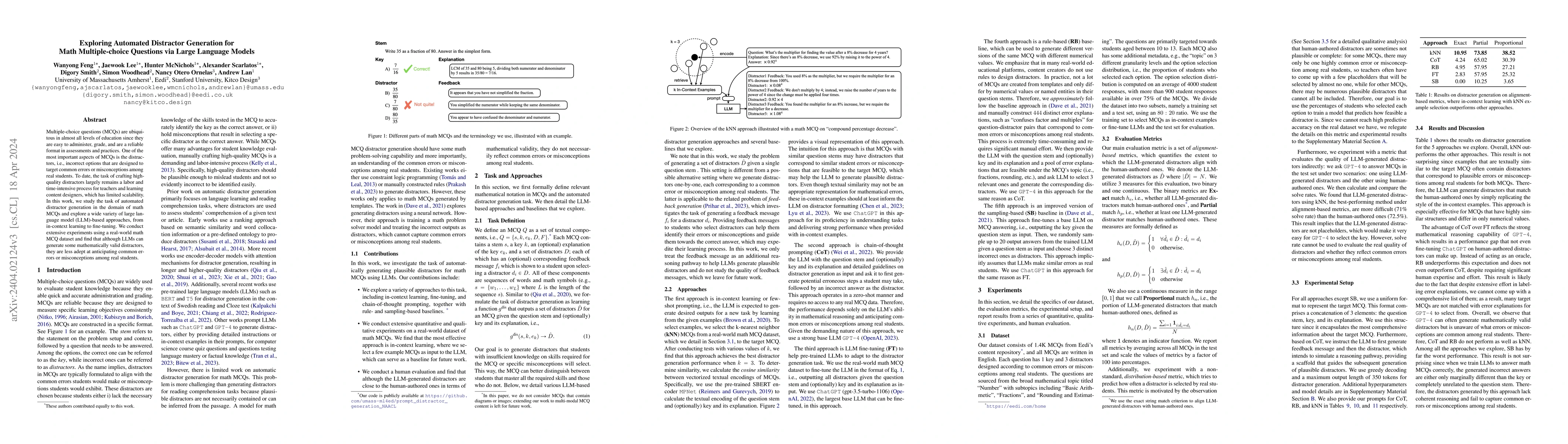 Thumbnail for Exploring Automated Distractor Generation for Math Multiple-choice
  Questions via Large Language Models