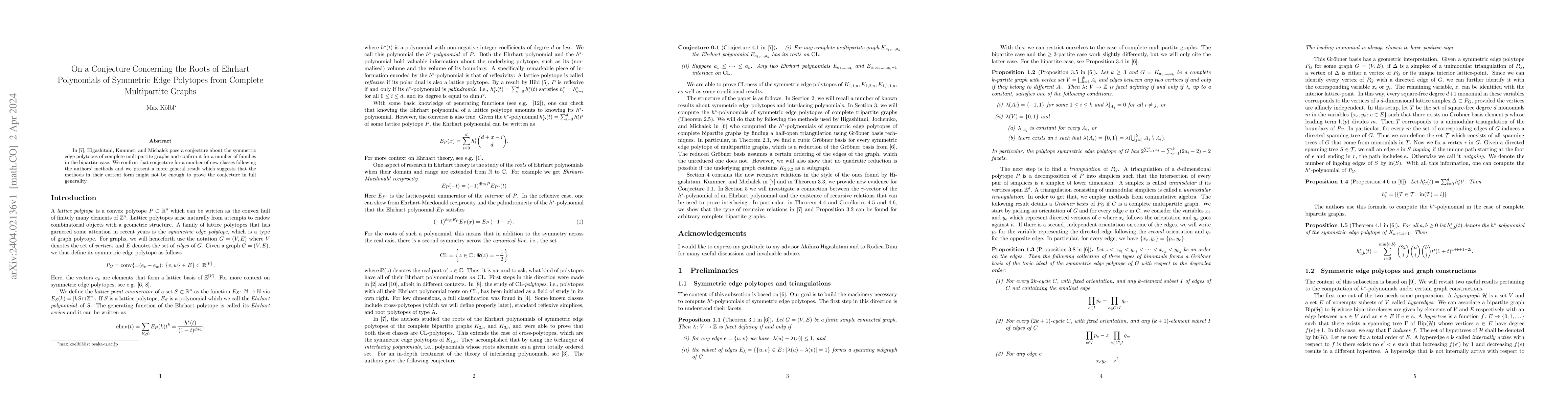 Thumbnail for On a Conjecture Concerning the Roots of Ehrhart Polynomials of Symmetric
  Edge Polytopes from Complete Multipartite Graphs