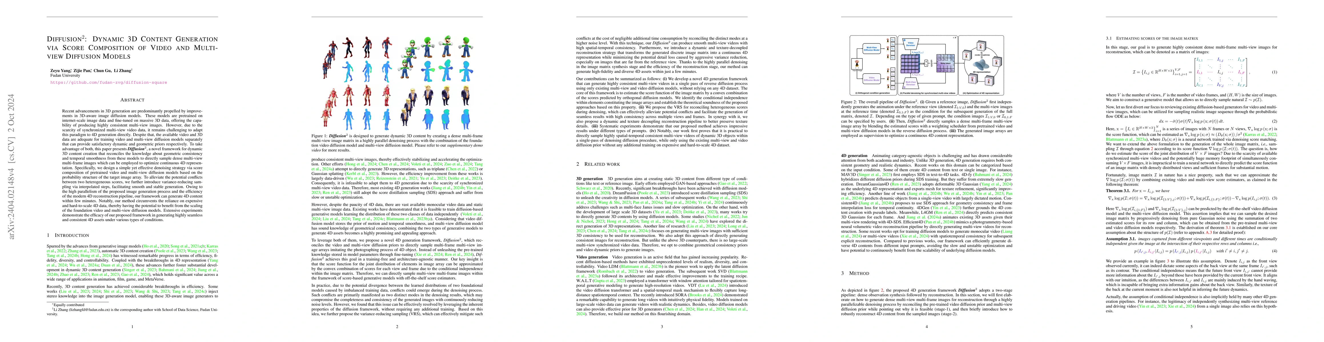 Thumbnail for Diffusion$^2$: Dynamic 3D Content Generation via Score Composition of
  Orthogonal Diffusion Models