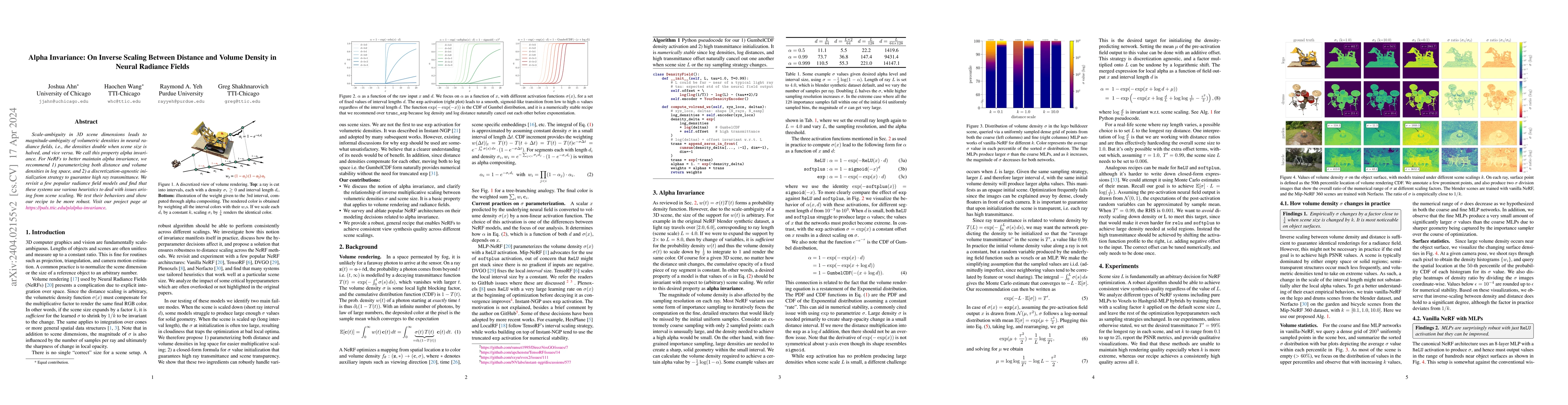 Thumbnail for Alpha Invariance: On Inverse Scaling Between Distance and Volume Density
  in Neural Radiance Fields