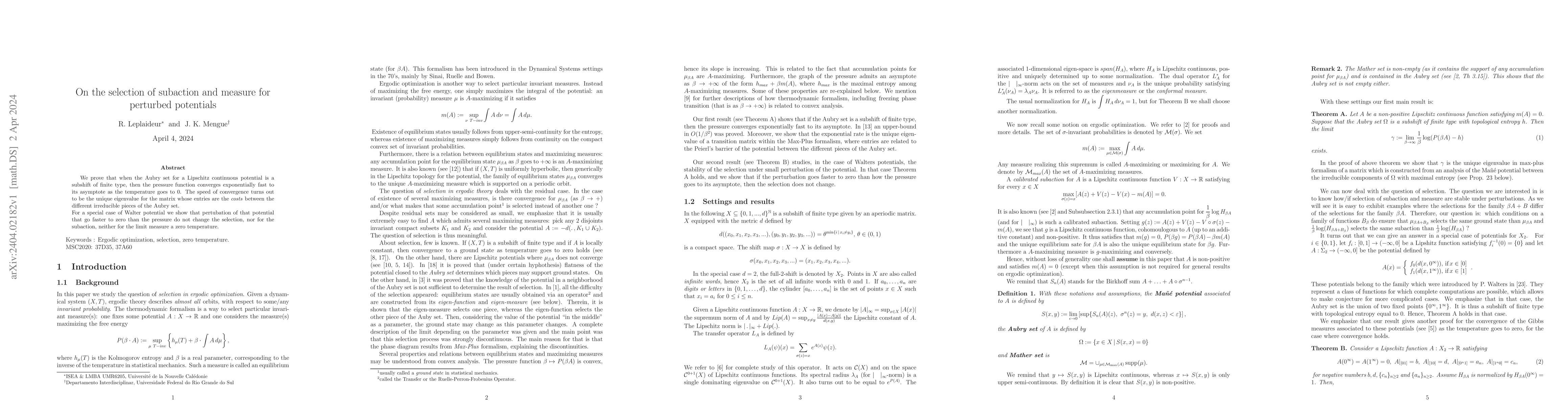 Thumbnail for On the selection of subaction and measure for perturbed potentials