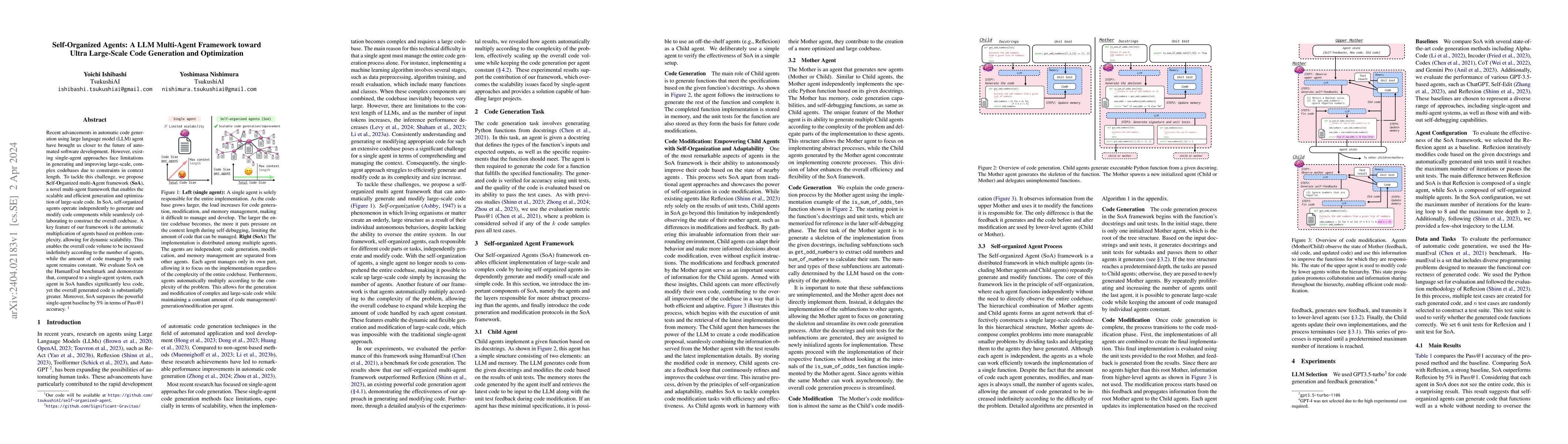 Thumbnail for Self-Organized Agents: A LLM Multi-Agent Framework toward Ultra
  Large-Scale Code Generation and Optimization
