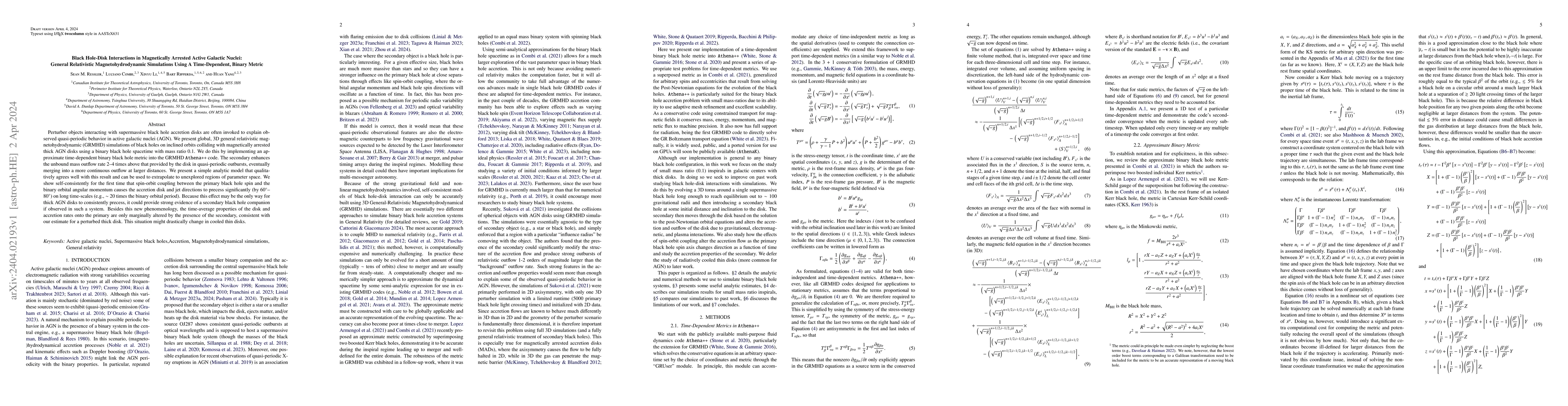 Thumbnail for Black Hole-Disk Interactions in Magnetically Arrested Active Galactic
  Nuclei: General Relativistic Magnetohydrodynamic Simulations Using A
  Time-Dependent, Binary Metric