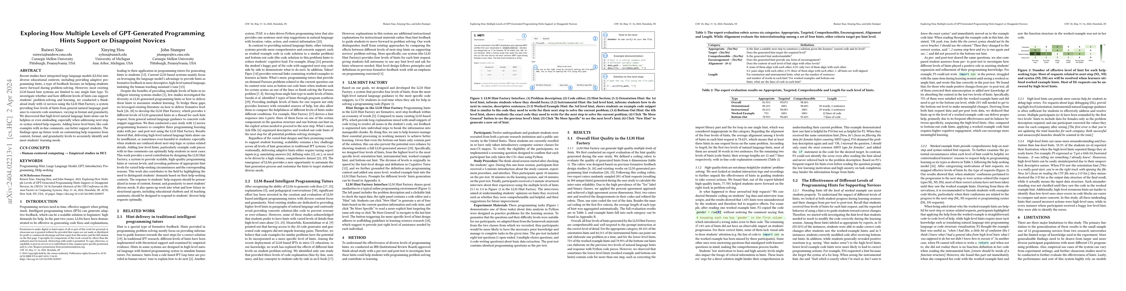 Thumbnail for Exploring How Multiple Levels of GPT-Generated Programming Hints Support
  or Disappoint Novices