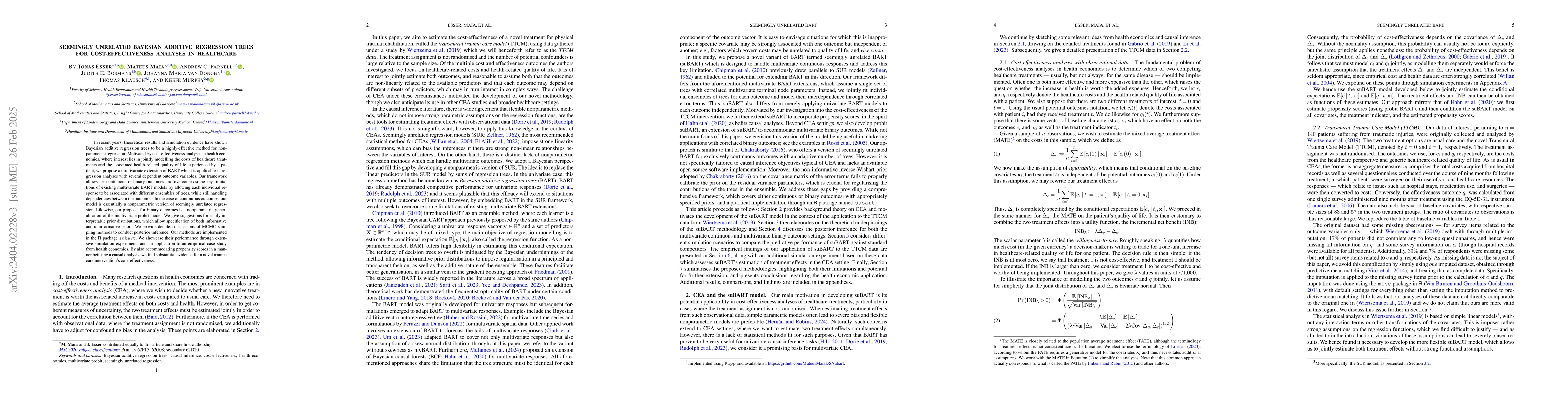 Thumbnail for Seemingly unrelated Bayesian additive regression trees for
  cost-effectiveness analyses in healthcare