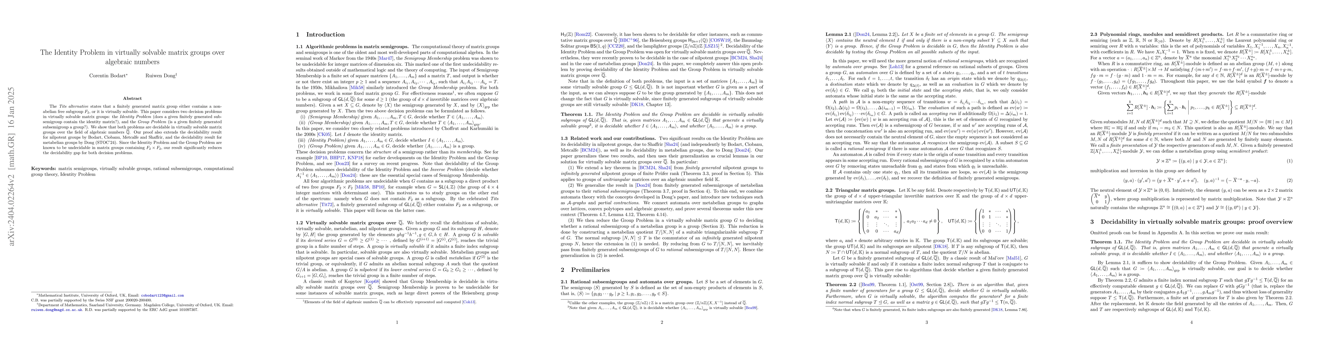 Thumbnail for The Identity Problem in virtually solvable matrix groups over algebraic
  numbers