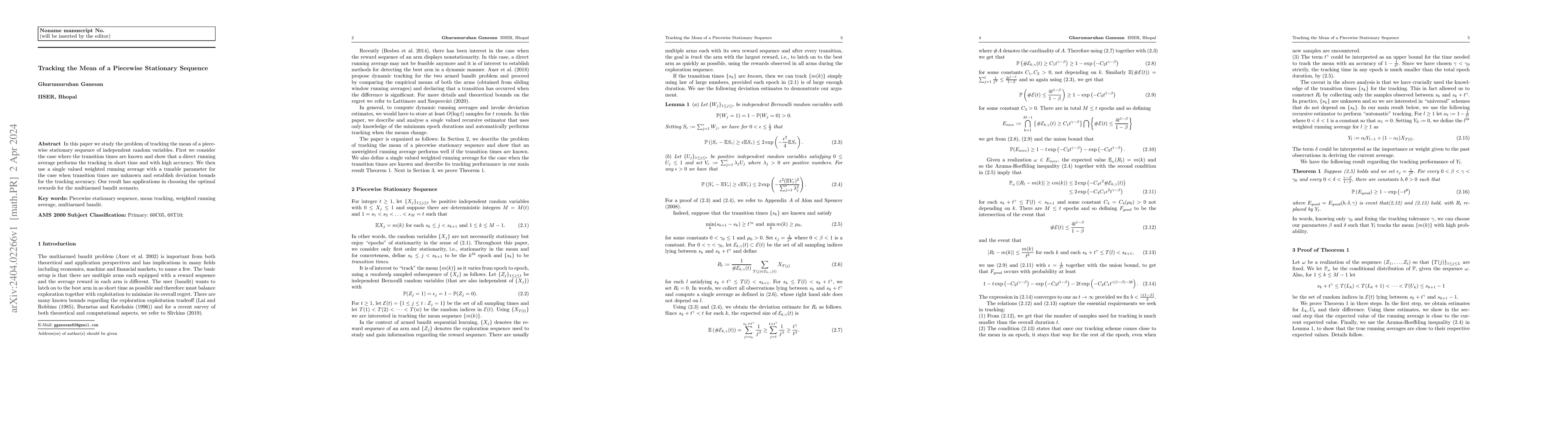 Thumbnail for Tracking the Mean of a Piecewise Stationary Sequence