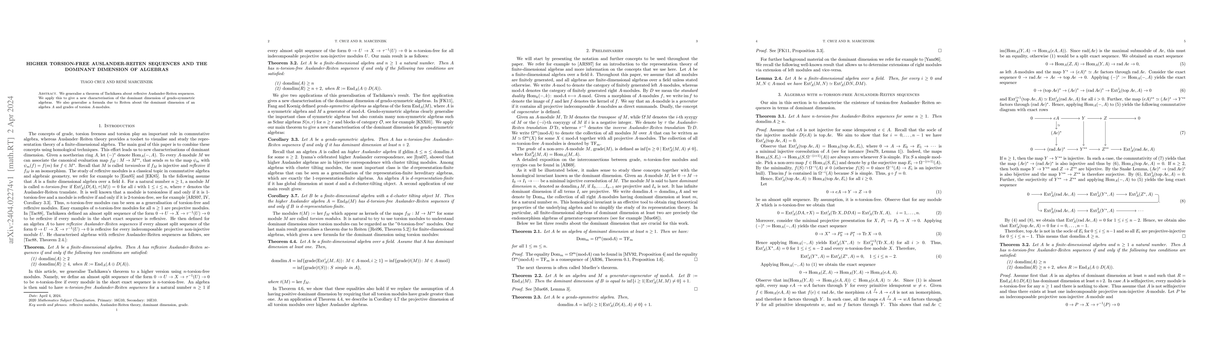 Thumbnail for Higher torsion-free Auslander-Reiten sequences and the dominant
  dimension of algebras